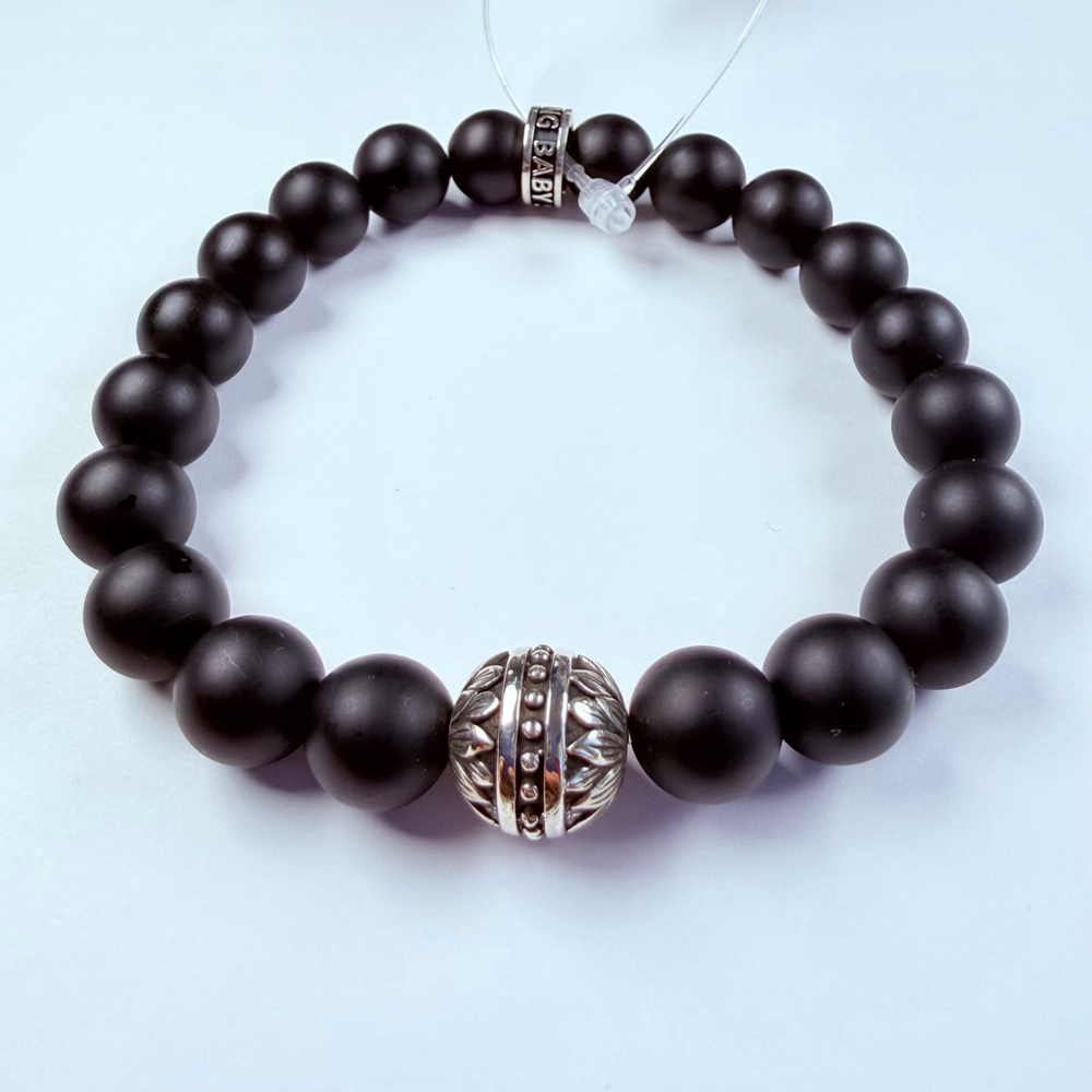 King Baby Studio 10MM Onyx Matte Bead Sterling 925 Silver Stretch Bracelet NWT